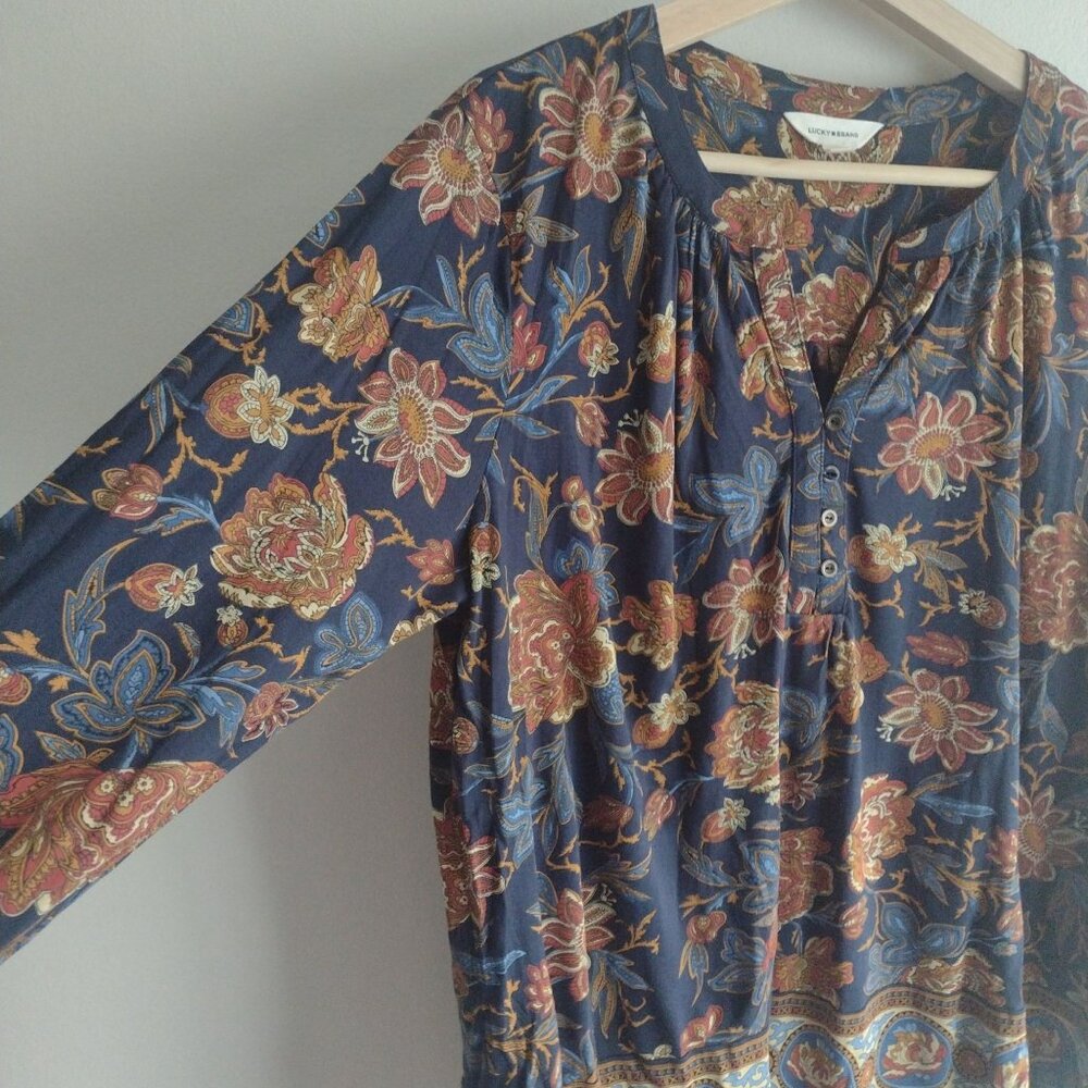 Lucky Brand Floral Blouse L Navy Tan Knit Relaxed Fit Tunic Top - Picture 4 of 9